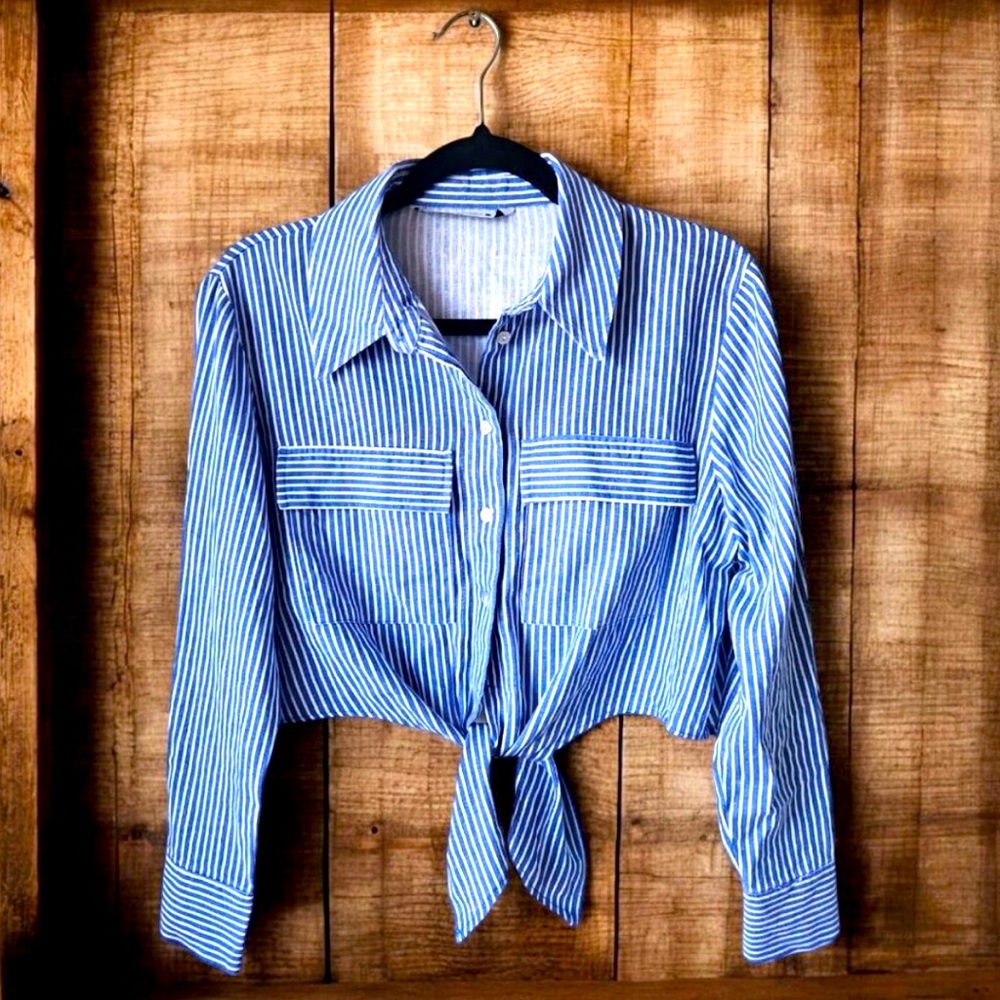 Zara Blue Striped Blouse front tie